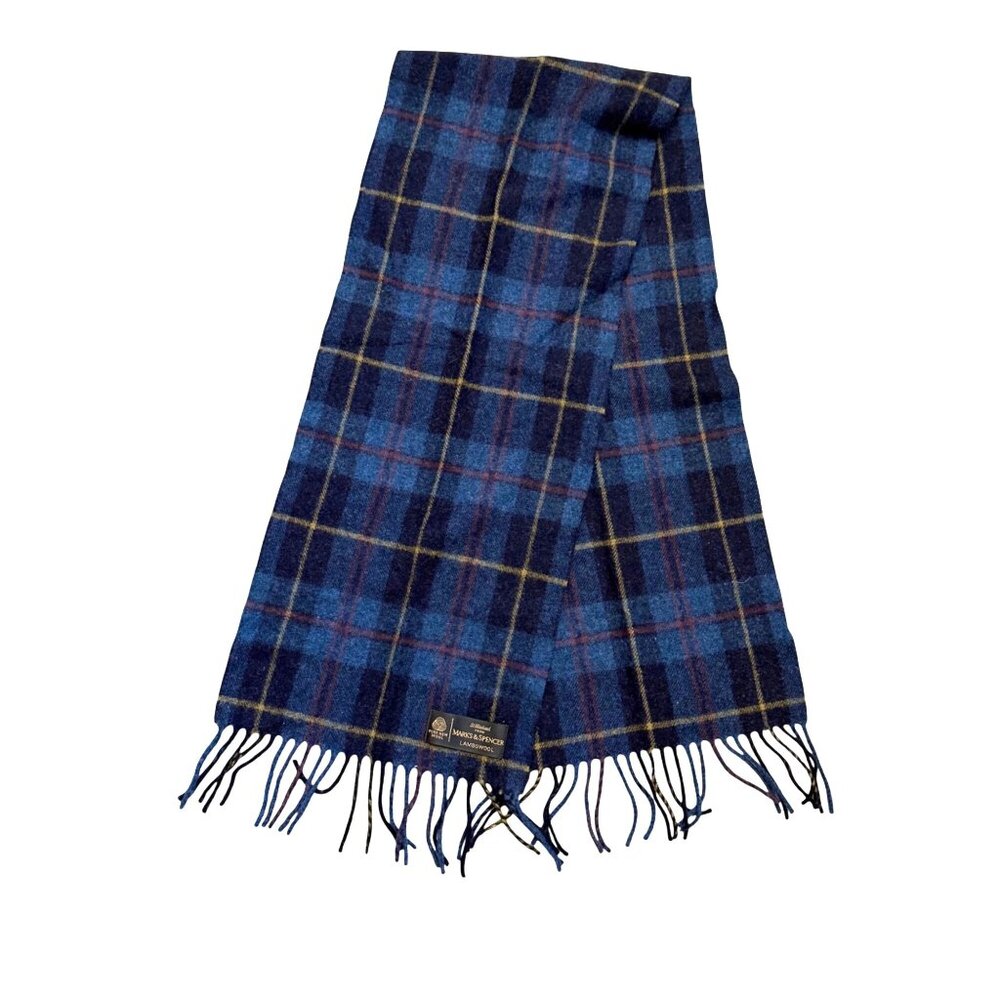 St Michael Marks & Spencer Unisex Wrap Scarf Blue Lambswool Tartan Plaid Fringe